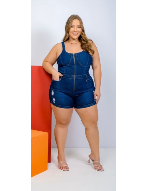 Macaquinho Plus Size jeans escuro