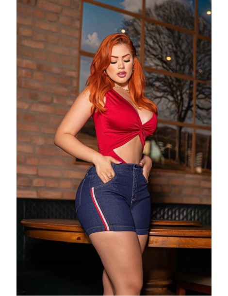 Short Jeans escuro, com lycra, com detalhes em listas 