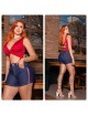 Short Jeans escuro, com lycra, com detalhes em listas 