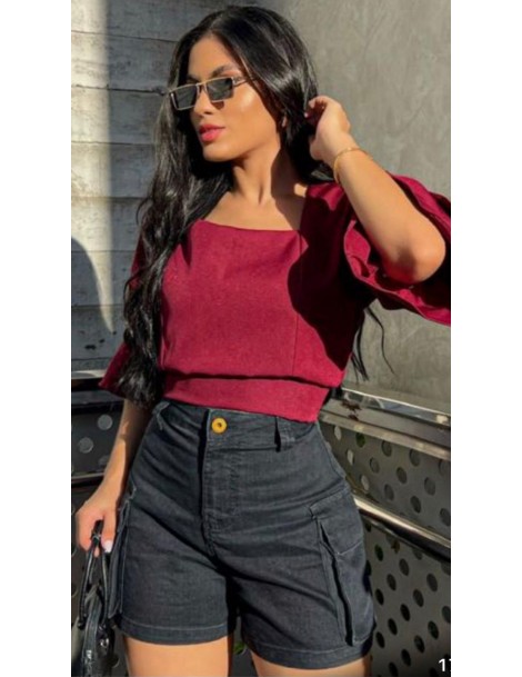 Short jeans preto cargo com lycra 